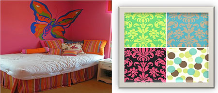 L-R : A childu2019s room decorated with a butterfly print wall paper ; Different designs and colours of wall papers