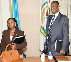 Ministers Solina Nyirahabimana and James Kabarebe before the press conference yesterday. (Photo J Mbanda)