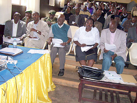 Members of the district Advisory council and invited guests listening to Sector performance contracts results presented by Mayor Nyangezi last Friday. (Photo  / A. Gahene)