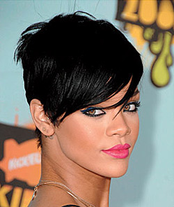 Edgy looking Rihanna with Bangs. This hair style is the inthing.