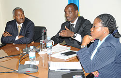Health Minister Richard Sezibera (C),Education Minister Charles Murigande (L) and State Minister for Social Affairs Christine Nyatanyi at the Press conference. (Photo J Mbanda)