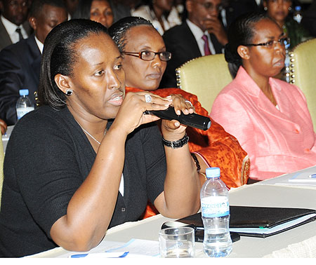  First Lady Jeannette Kagame speaks at the Unity Club meeting at Serena Hotel Yesterday. (Photo J Mbanda)