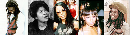 L-R : Mahalia Jackson circa 1962, photographed by Carl Van Vechten ; Aaliyah ; Lisa (Left Eye) Lopes ; 
