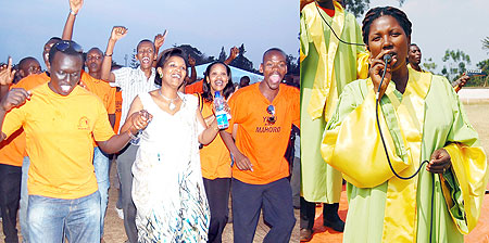 L-R : Pastor Liliose Tayi (clad in traditional dance) dance with some of her Church members ; A singer leads the choir into worship and praise songs.