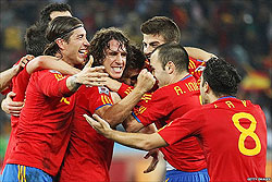 Puyol (C)is the hero as Spain beat Germany 1-0 to make their first ever World Cup final, where they will face the Netherlands.
