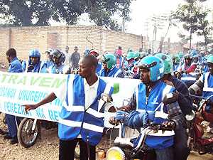 Muhanga motorcyclists parade in their new uniform donated by the Electoral Commission. (Photo D. Sabiiti)