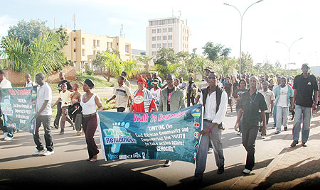 Youth from EAC partner states taking part in a march during the commemoration week. Rwandan youth will participate in AU forum in Kampala (File photo)