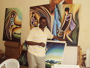 The artist Birasa in his workshop where he displays his products. (Photo. G.Mugoya)