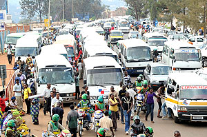 CONGESTION; Heavy traffic at Kwa Rubangura in downtown Kigali. City authorities have vowed to decongest traffic through construction of the Muhima Terminal  (Photo J Mbanda)
