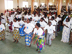 RPF women representatives dance to party songs during the women general assembly at Hotel Urumuli on Saturday (Photo; A.Gahene)
