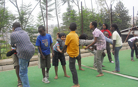 Fun stretching  at the summer camp.