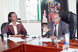John Gara, CEO of RDB speaking at a press conference, looking on is Rica Rwigamba, the Head of Tourism and Conservation at RDB. (Photo by Goodman. H).