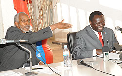 RPF Vice Chairman Christopher Bazivamo (R) and Secretary General Franu00e7ois Ngarambe at the press conference. (Photo J Mbanda).