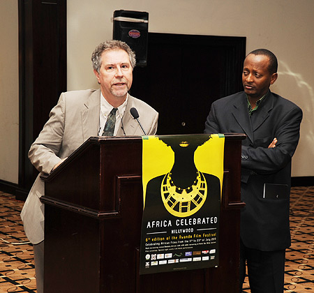 (R-L)-The CEO of RCC, Eric Kabera and the u2018Katanga Businessu2019 star, Thierry Michel speak at the ceremony.