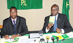 PL Presidential candidate Prosper Higiro (R) with the Party President Protais Mitali at the Press conference yesterday. (Photo J Mbanda)
