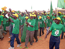 PL supporters chanting party slogans at Byumba taxi park yesterday 