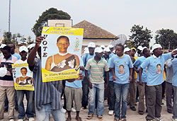 Residents of Muhanga welcoming PPCu2019s presidential candidate Dr. Alivera Mukabaramba yesterday (Photo: D. Sabiiti)