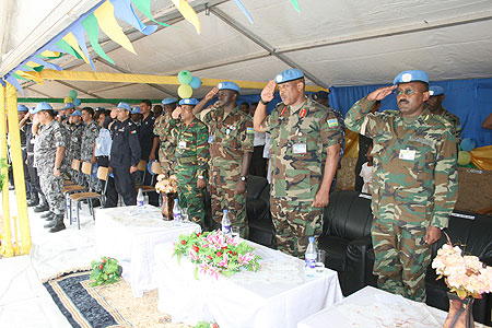 Lt. Gen. Nyamvumba (c) with other commanders of the UNAMID force in Darfur during the function