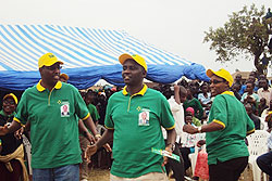 PL candidate Higiro Prosper (R) with party chairman Protais Mitali during the Campaign in Katabagemu sector.Photo/D. Ngabonziza