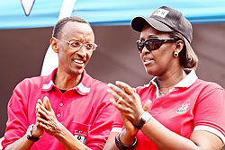 The President and First Lady Jeannette Kagame on the campaign trail in Rutsiro District in  the Western Province yesterday (Photo Adam Scotti)