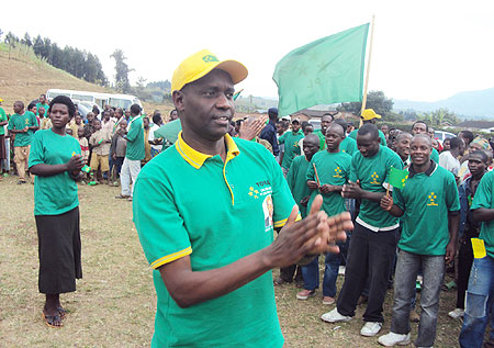 PL candidate Prosper Higiro being cheered on by party supporters at Nyundo Parish Grounds yesterday (Photo; R. Mugabe)