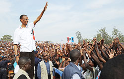 President Paul Kagame amidist a big aplause from Ruhango supporters, yesterday (Photo by J Mbanda)