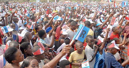 Kigali City RPF supporters singing party songs during the campaigns in Kigali yesterday  (Photo: F. Goodman)
