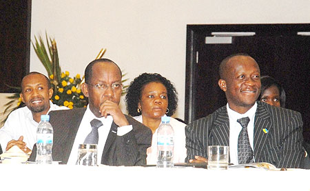 John Gara (L) with the Minister of Culture, Hon. Joseph Habineza, yesterday (Photo: F. Goodman)