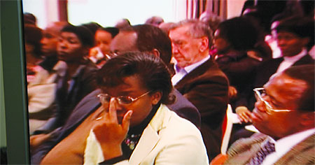 Victoire Ingabire during a meeting of genocide revisionists in Brussels, March 28, 2010. Genocide suspects, such as Shingiro Mbonyumutwa, attended the meeting.  