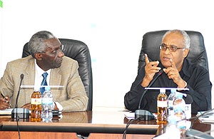 Professor Chrisologue Karangwa (L) and Dr. Salim Ahmed Salim, former Tanzania Prime Minister at NEC offices yesterday ( photo F. Goodman )