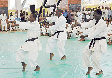 Karate players demostrating their skills during a local event. The national team flew out yesterday to South Africa for an African championship. (File photo)