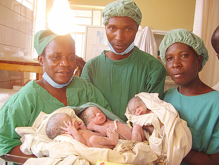 Nurses holding the triplets after they were delivered at Ruli District Hospital (Photo/ B Mukombozi)