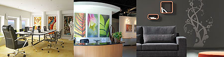 L-R : Modern art is a classic way to create an office atmosphere that is suitable to all clients ; Paintings of nature will help employees feel relaxed ; Stencil art in waiting areas is perfect especially for creative companies 