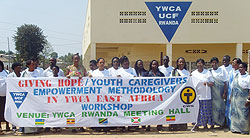 YWCA representatives from East Africa, Sudan and Ethiopia, pose for a group photo in Muhanga (Photo: D. Sabiiti)