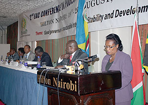 The EAC Deputy Secretary General (Political Federation) Beatrice Kiraso addresses participants at the 2nd EAC Good Governance conference yesterday  at  Hilton Hotel Nairobi Kenya. (Photo / Mukhtar Abdul - EAC)