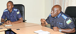 Commissioner General of Police Emmanuel Gasana (R) with C.O Traffic Chief Sup. Vincent Sano at a meeting with proprietors of driving schools. (Photo: J. Mbanda)