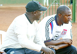 HAPPIER TIMES: Ruremesha (R) was Jean Marie Ntagwabirwa (L)u2019s assistant at Atraco. The  pair will clash this afternoon in the Primus Cup final. (File photo)