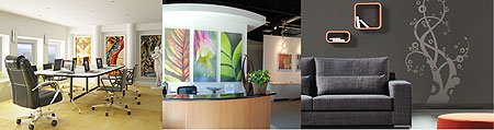 L-R : Modern art is a classic way to create an office atmosphere that is suitable to all clients ; Paintings of nature will help employees feel relaxed ; Stencil art in waiting areas is perfect especially for creative companies 