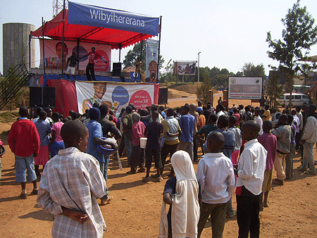 TIGO promoters entertaining clients at Byumba Taxi Park yesterday (Photo A.Gahene)