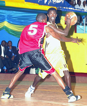 CSKu2019s former player Fiston Muhire (with the ball) during a past Zone 5 Club Championship. (File Photo)