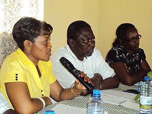 Bubu Jallow (C), the CC-DARE programme manager for Sub-Saharan Africa, and other participants during the meeting in the Southern Province (Photo; D. Sabiiti)