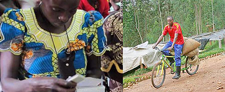 L-R : Transactions through mobile phones make trade easier in rural areas ; Bicycles are the most popular means of transport action in rural Rwanda.