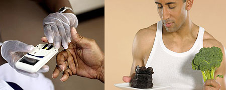 L-R : Blood tests for diabetics is vital to managing the disease. (Net Photo) ; Families and individuals can change their daily habits so that they get more physical activity, make healthy food choices, and better control their food-serving sizes. (Net Ph