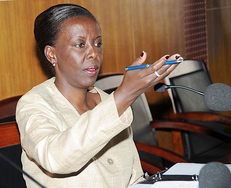 Foreign Affairs Minister, Louise Mushikiwabo, addressing journalists, Yesterday. (Photo J Mbanda)