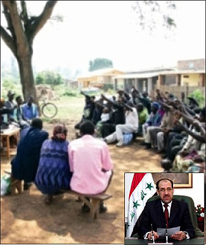 A Gacaca court in session. The Iraqi government can learn a lot from Rwandau2019s experience. (Inset: Iraqi Prime Minister Nouri al-Maliki)