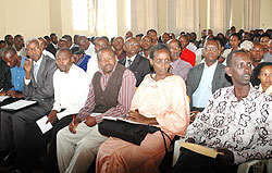 Teachers listen in during a meeting. Umwalimu Sacco has announced it spent Rwf 6 billion to teachers in loans (File Photo)