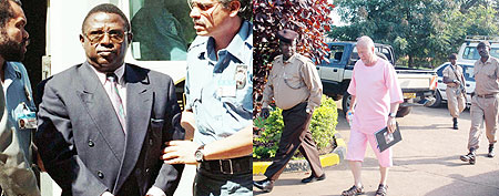 L-R : Theoneste Bagosora (c) ; Peter Erlinder (R) being escorted to court in Kigali (File photo)