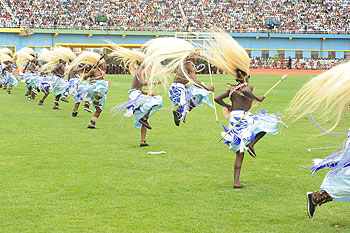 Urukererezau2019s male dancers take on the stadium with their brilliant traditional dance moves.
