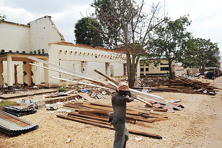 The former office of the mayor being demolished yesterday.  (Photo T.Kisambira)