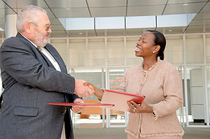 The Minister of Trade, Monique Nsanzabaganwa (R) with Thomas Bedenbecker yesterday (Photo; T.Kisambira)